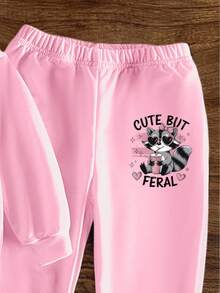 SHEIN 1套女嬰可愛圖案浣熊蝴蝶結愛心「CUTE BUT」字母印花圓領運動衫與運動長褲套裝，淺粉色，秋季，工作，休閒可愛風 - 彩色 - 查看 5