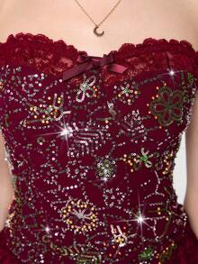 ROMWE EDITION Women's Vintage Witch-Inspired Lace Patchwork Sequin Tube Top, Burgundy - Burgundy - View 6