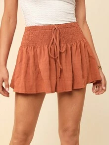 Coeurva Solid Knot Waist Wide Leg Shorts - Burnt Orange - View 3