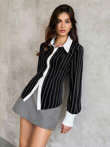 SHEIN Unity Women's Business Casual Contrast Striped Shirt - Black and White - View 5