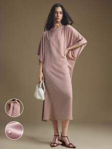 Ontre 2025年新款女装、秋冬服饰、四季服装、冬季服装、女士返校装、万圣节和圣诞节服装、女士教师服装、休闲外出、夜间外出服装、婚礼宾客服装、优雅婚礼宾客礼服、女士教堂服装、商务休闲装、优雅串珠蝙蝠袖商务休闲连衣裙 - 粉色 - 查看 1