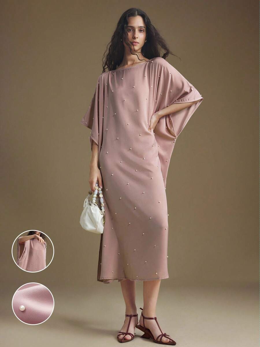 Ontre 2025年新款女装、秋冬服饰、四季服装、冬季服装、女士返校装、万圣节和圣诞节服装、女士教师服装、休闲外出、夜间外出服装、婚礼宾客服装、优雅婚礼宾客礼服、女士教堂服装、商务休闲装、优雅串珠蝙蝠袖商务休闲连衣裙 - 粉色 - 查看 1