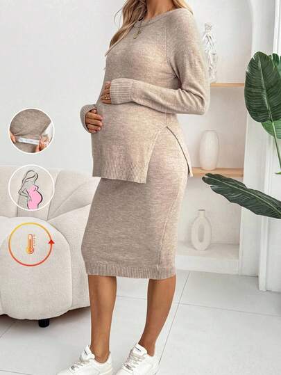 SHEIN Pregnant Women Solid Color Split Neck Long Sleeve Top And Skirt Elegant Sweater Set Lingerie Lingerie Set Underwear Women Pajama Pajama Dress Loungewear Nightgown Robe Sleepwear Sleepwear Set Tank Top With Bra