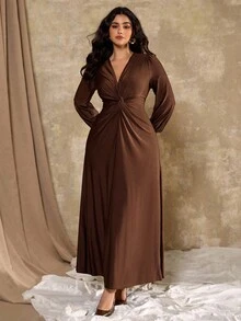 Roveilla 大码女式V领长袖连衣裙，休闲法式风格，适合派对穿着 - 棕色 - 查看 5
