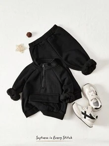 Cozy Pixies Áo nỉ tay raglan có khóa kéo nửa cho bé trai và quần nỉ - màu đen - Xem 3
