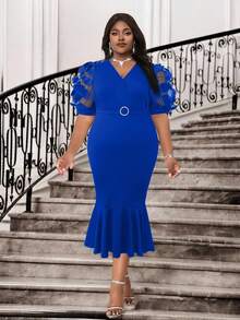 Hourglow 2025 New Spring And Summer Royal Blue Elegant Commuting Office Wedding Cocktail Party Concert/Music Festival Navy Blue Knitted Overlap Collar Mermaid Belted Midi Short Sleeve Plus Size Dresses Party Dress New Year Dress New Year Women New Year Women's Outfit Going Out Dress Going Out Outfits Going Out Outfit Elegant Dress For Women Elegant Dress Elegant Party Dresses, For Hourglass Body Shape - Royal Blue - View 5