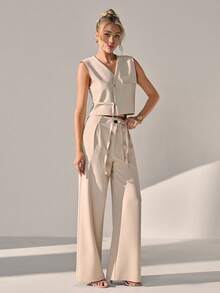 CLARA VERO Women Two Pieces Outfits Vest And Pant Sets - Beige - View 5