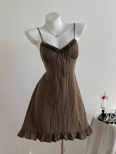 Comfortcana Women's Casual Brown Spaghetti Strap Mini Dress, Summer,Party Dresses For Women