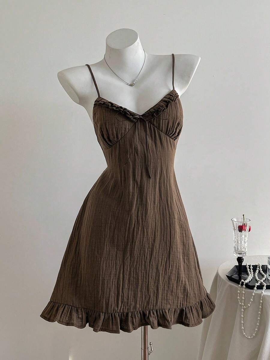 Comfortcana 女士休闲棕色细肩带迷你连衣裙，夏季 - 棕色 - 查看 1