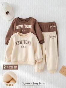 Cozy Pixies 4 件套男婴套装：柔软针织字母印花圆领长袖运动衫和松紧腰慢跑裤 - 杏色 - 查看 3