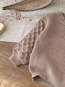 SHEIN LMoss Kids 少女休闲百搭棕色长袖毛衣，秋冬 - 棕色 - 查看 6