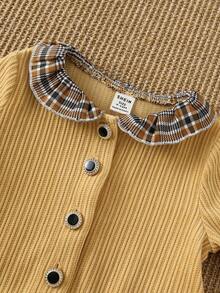 PrepCrw 2 pièces Ensemble chemise à manches longues jaune et jupe plissée pour bébé fille, élégant, polyvalent, col, motif patchwork à carreaux. Convient pour les sorties, les rassemblements, l'automne et l'hiver - Multicolore - Voir 5