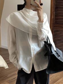 Livesso Women's Loose Chiffon Blouse, Casual Business Office Wear, Long Sleeve, Shawl Collar, Suitable For Spring, Summer, Autumn