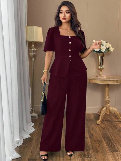 Auvina Plus Size Women's Casual Elegant Square Collar Pure Black Chic Commuting Shirt Jacket + Waist Cinched Design Loose Long Straight Leg Pants Fashion Casual Suit, High-End Wide Leg Pants