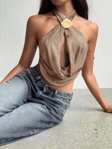 Aloruh Women's Sexy Elegant Criss-Cross Plunge Neck Hollow Out Tie-Dye Print Backless Cami Top - Mocha Brown - View 5