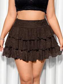 SHEIN ICON Váy midi ren cạp cao màu trơn cỡ lớn, thường ngày, mùa hè - màu nâu - Xem 2