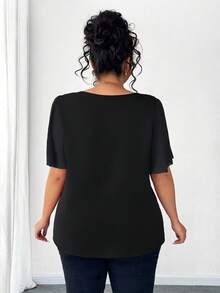Elenzga Plus Size Asymmetrical Ruffle Collar Button Decor Short Sleeve Elegant Blouse - Black - View 2