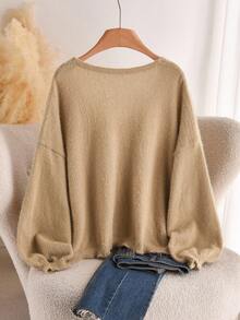 CosyJoli Áo len dài tay trễ vai dáng rộng, thắt nơ sau lưng cỡ lớn dành cho nữ, mùa thu - Màu be - Xem 2