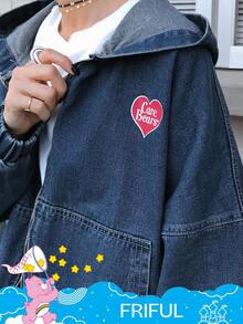 SHEIN X Care Bears FRIFUL Women's Casual Fashion Street Style Heart & Letter Graphic Drop Shoulder Zipper Pockets Splice Hooded Denim Jacket, Spring/Autumn - Blue - View 7