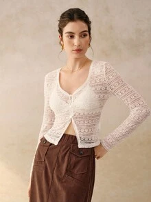 Cévolie 女式夏季度假透明前扣长袖衬衫 - 白色 - 查看 4