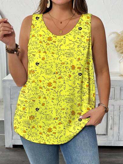 Dam Plus Size Summer Allover blommigt tryckt linne grafiska tees Damtoppar