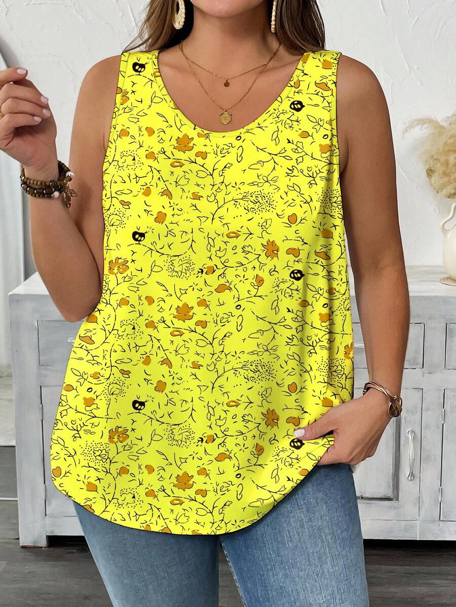 女式大码夏季满身花卉印花背心图案 T 恤女式上衣 - 彩色 - 查看 1