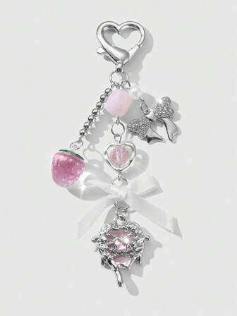 Kawaii 1 pieza Collar con colgante de cadena plateada elegante y versátil con decoración de perla, estrella de strass, alas, corazón, flor, lazo y fresa, adecuado para uso diario de mujeres y niñas o como regalo de festival