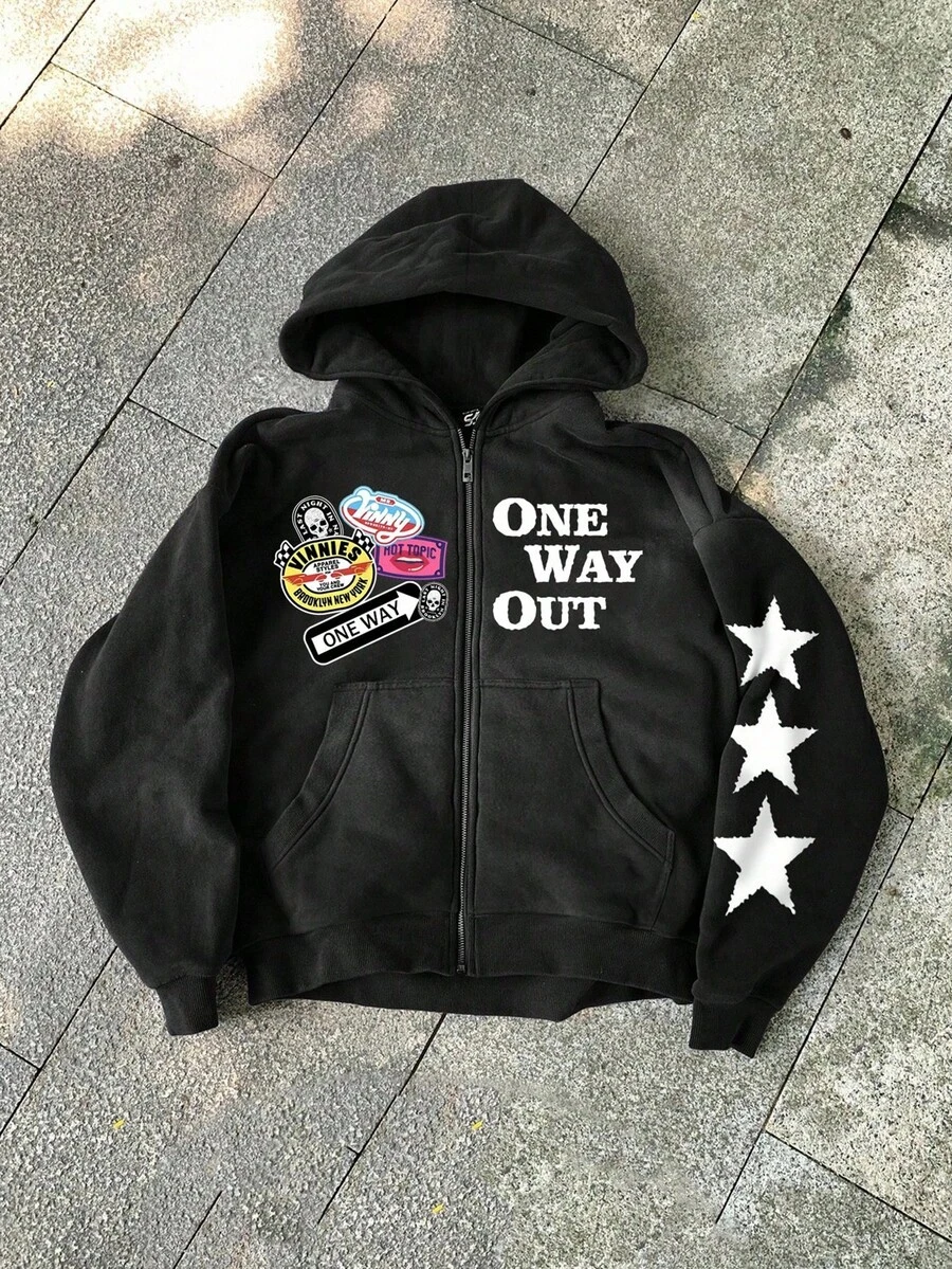 青少年男孩/青少年男孩休闲日常百搭舒适印花图案宽松连帽运动衫 - 黑色 - 查看 1