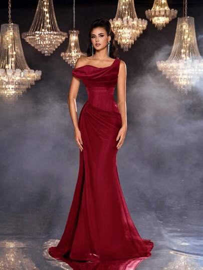 Glamrae 简约红色褶饰透明下摆正式晚礼服