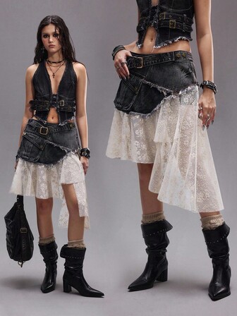 EDITION Romantic Punk Vintage Distressed Lace Patchwork Asymmetrical Hem Women Denim Mini Skirt