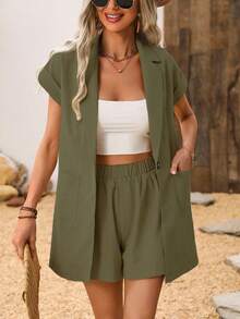 EMERY ROSE Women's Simple Solid Color Single-Button Pocket Blazer And Shorts Set, Summer - Army Green - View 5