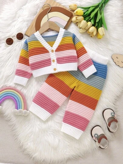 2 件套幼儿彩虹 V 领服装：长袖开衫 + 时尚喇叭裤
