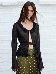 COUREZ Top de punto transparente con volantes / Top lindo de estilo Y2K para salir, top elegante de primavera para festivales - Negro - Ver 6