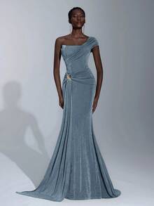 Elitara Elegant, Romantic, Sexy, Minimalist, Yellow-Green-Brown, Knitted Stretchy Fabric, Fishbone, Bust Cup, Fishtail Skirt Hem, Trailing, Fashionable, Influencer, Festival, Vacation, Birthday Party, Wedding Event, Formal Gala Dress - Dusty Blue - View 6