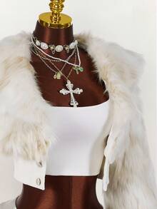 Y2K Amplova 秋季优雅女式大翻领长款皮草长袖不对称纽扣百搭时尚性感腰部仿皮草大衣，适合秋冬派对和上学 - 米色 - 查看 4