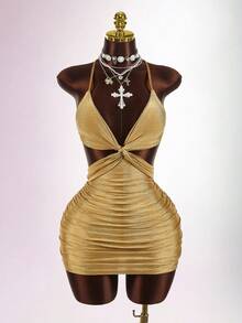 Amplova 女式纯色简约日常交叉系带迷你连衣裙 - 金色 - 查看 7