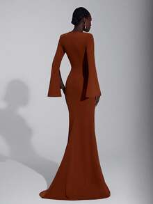 Elitara Váy dạ hội trang trọng đuôi cá thiết kế hở vai, tay loe, xẻ tà, chất liệu kim loại thủ công màu đỏ nâu sang trọng và thanh lịch dành cho nữ - màu nâu - Xem 2