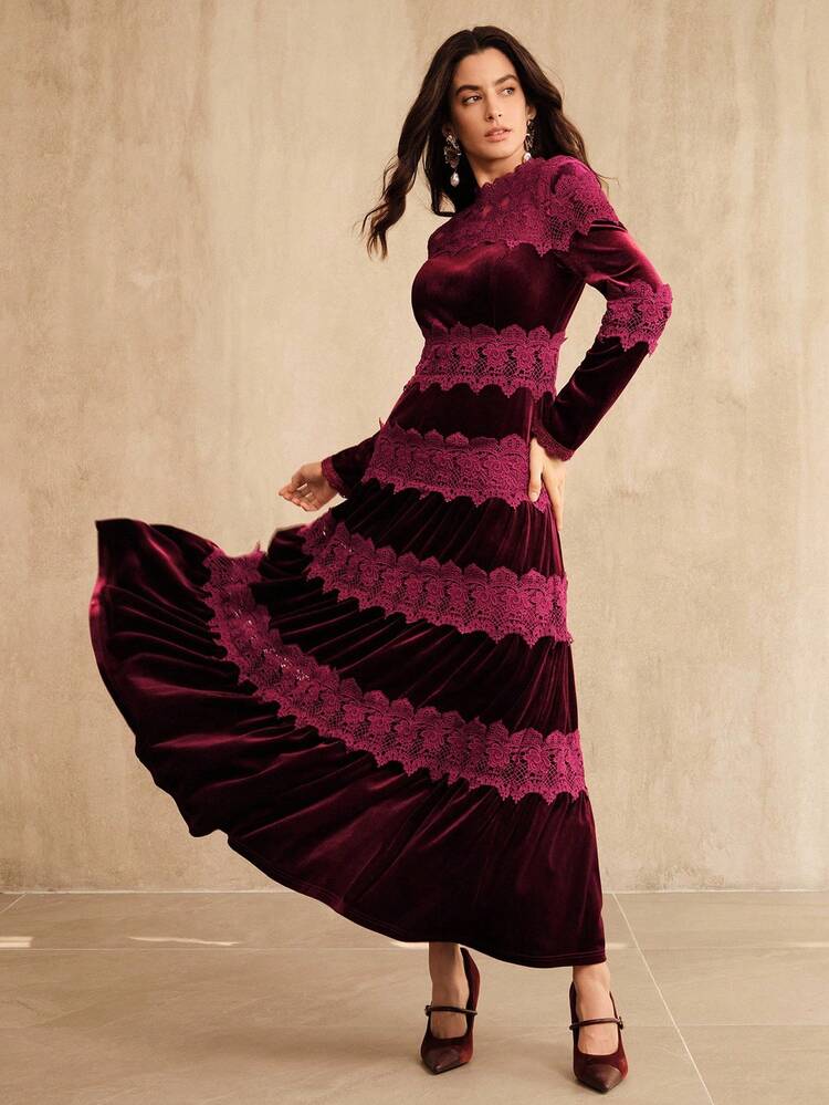 Burgundy Elegant Velvet Patchwork Lace Trim Long Sleeve Dress For Women, Suitable For Fall, Winter, New Year, Party, Wedding