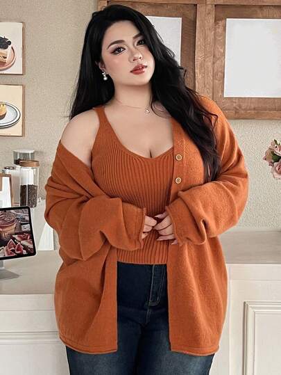 Dazy Plus 2 件大码女士宽松纯色 V 领开衫毛衣套装，休闲秋冬