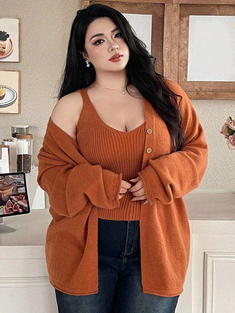 Dazy Plus 2pcs Plus Size Women Loose Solid V-Neck Cardigan Sweater Set, Casual Autumn/Winter