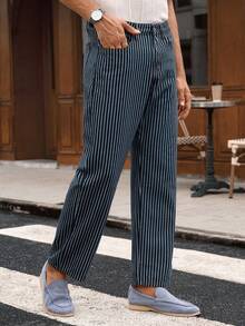 Manfinity NXTstreet 男士休闲条纹中腰直筒牛仔裤 - 藍色 - 查看 4