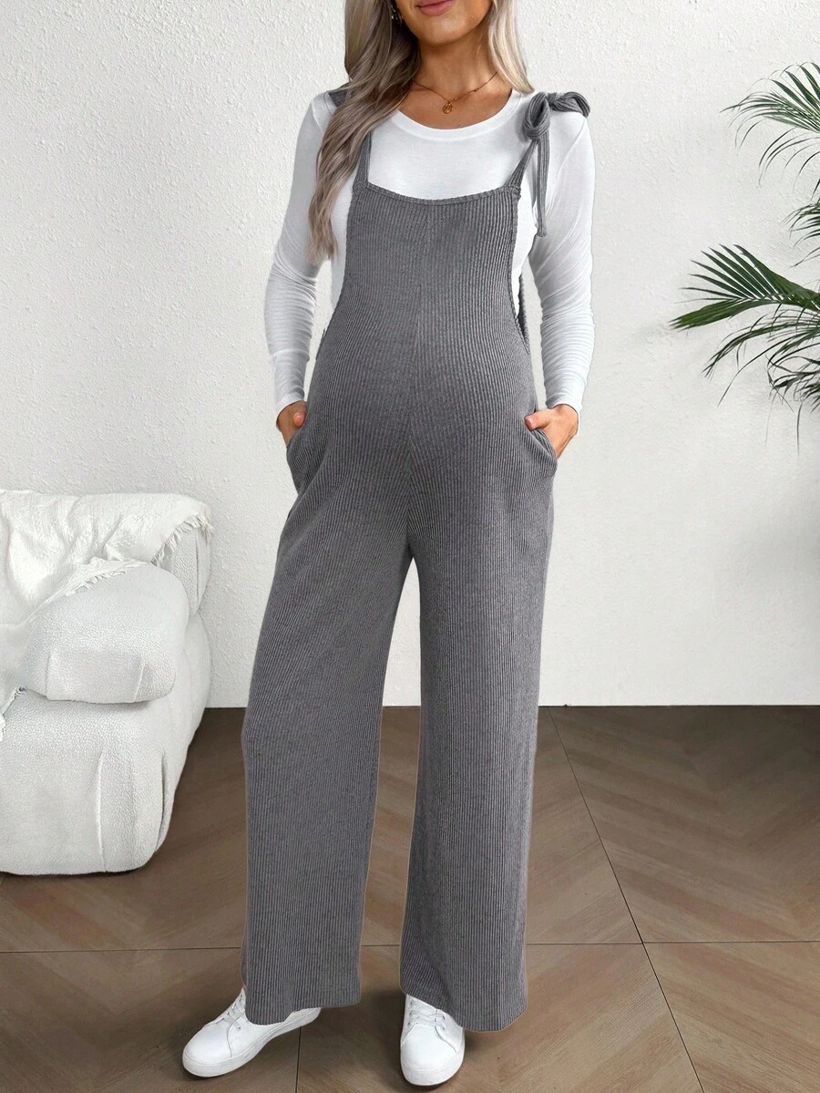 SHEIN Maternity Casual Collegiate Style Knotted Shoulder Patch Pocket Jumpsuit - Grey - View 1