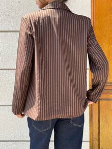SHEIN Unity 条纹双排扣西装外套，学院风，秋冬 - 棕色 - 查看 2