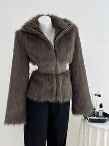 Elamini 棕色人造毛皮拼接腰部设计修身立领拉链长袖女式夹克 - 棕色 - 查看 6