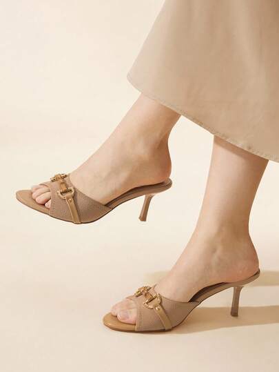 CUCCOO BASICS Sandalias de tacón alto con tira de tobillo y punta abierta, de punto color albaricoque, zapatos versátiles para ir al trabajo o para uso diario de las mujeres