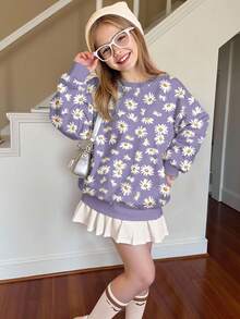 SHEIN Floral Pattern, Tween Girl Casual Loose Fit Crew Neck Comfortable Long Sleeve Sweatshirt,In Fall/Winter - Multicolor - View 4