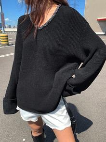 Livesso Women's Loose V-Neck Long Sleeve Casual Elegant Patchwork Lace Knit Sweater, Autumn/Winter - Black - View 7