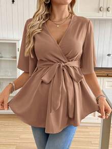 SHEIN Casual Solid Color V-Neck Ruffle Trim Maternity Shirt With Belt - Mocha Brown - View 5