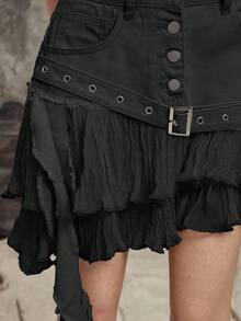 ROMWE Grunge Punk Y2K 破洞设计荷叶边拼接女式牛仔迷你裙 - 黑色 - 查看 7