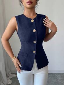 Selianne Fashionable Sleeveless Waist Cinched Black Jacket With Gold Button Decor, Versatile For Daily Wear, Spring/Summer